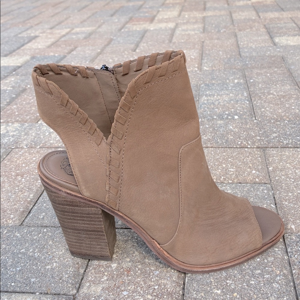 Vince Camuto Taupe Open-Toe Stacked Heel Ankle Booties